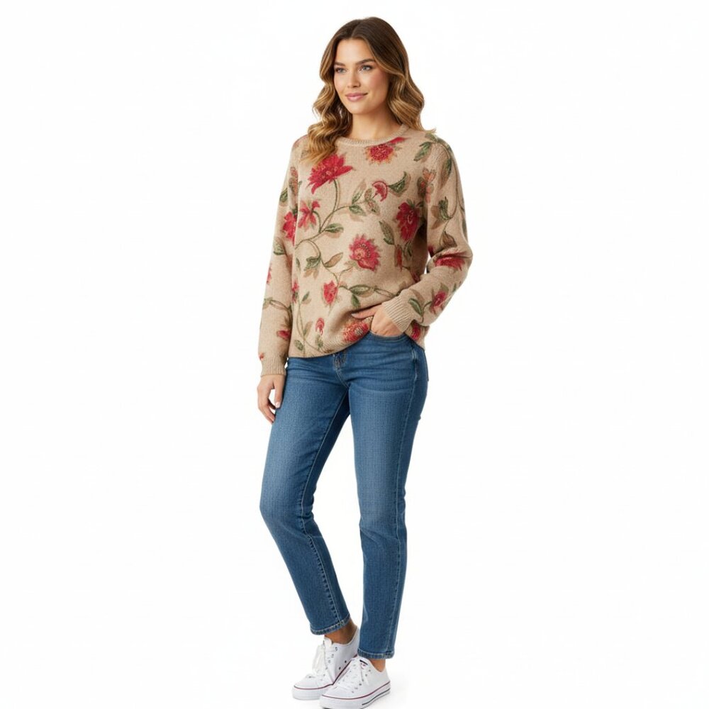Alfred Dunner Women's Beaded Floral Print Cotton Blend Crewneck Sweater Sz S